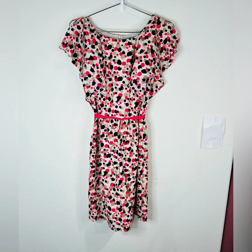 Danny & Nicole Pink Black & Tan Polka Dot Ruffled Open Sleeve Midi Dress Size 4